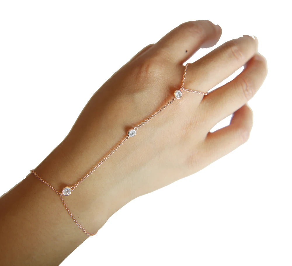 sterling silver gold color charm chain bracelet with ring fashion wrist jewelry for women