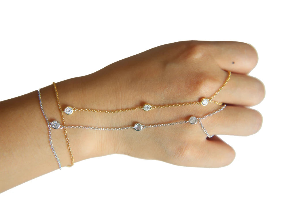 sterling silver gold color charm chain bracelet with ring fashion wrist jewelry for women