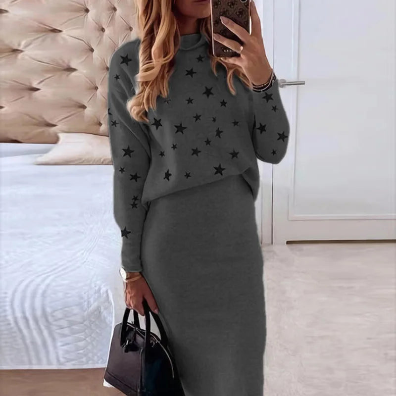 Autumn Winter Women’s 2-Piece Skirt Set Turtleneck & Pencil Skirt