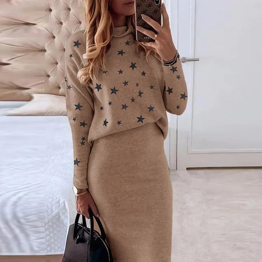 Autumn Winter Women’s 2-Piece Skirt Set Turtleneck & Pencil Skirt