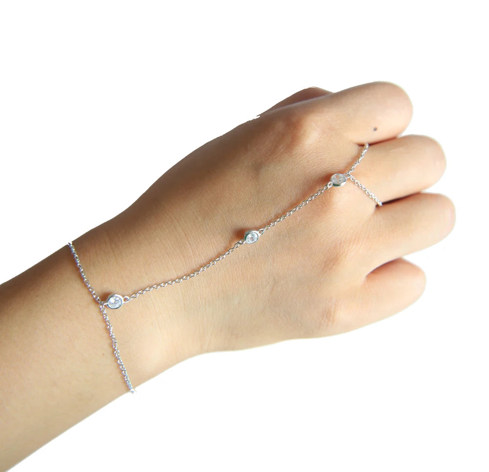 sterling silver gold color charm chain bracelet with ring fashion wrist jewelry for women