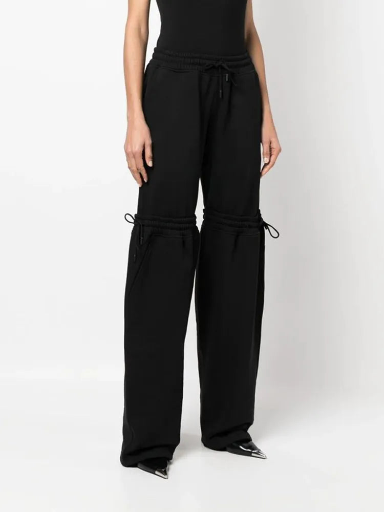 Solid High-Waist Lace-Up Patchwork Trousers  Women's Wide-Leg Pants