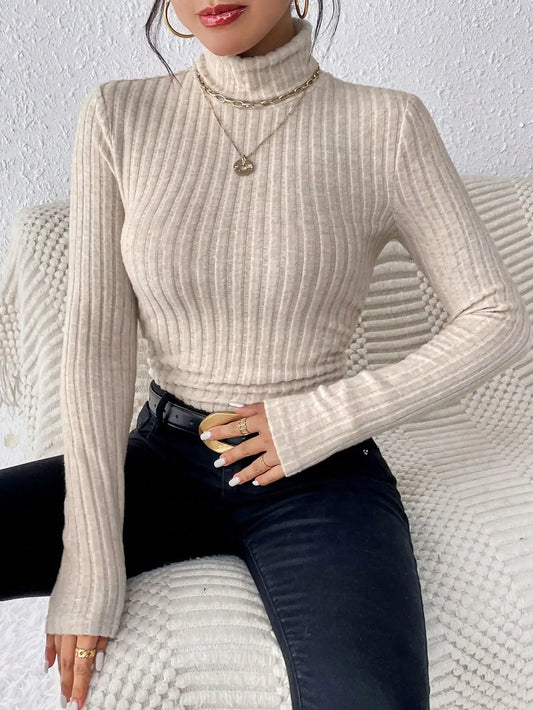 Autumn Winter Slim Fit High Neck Knit Top - Textured Stripe