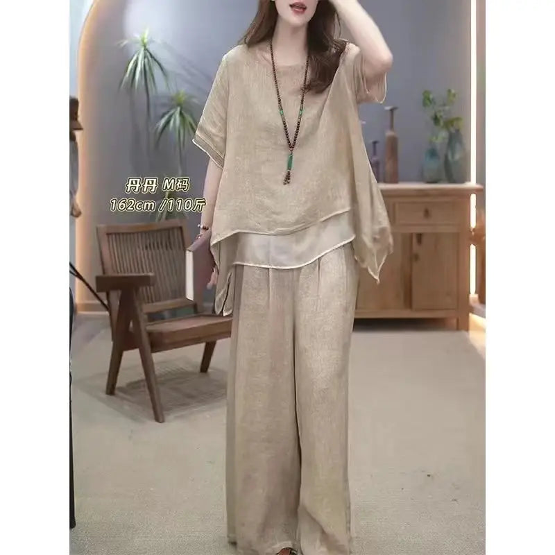 Spring Summer Women’s Set Elegant Round Neck Print Loose Pants