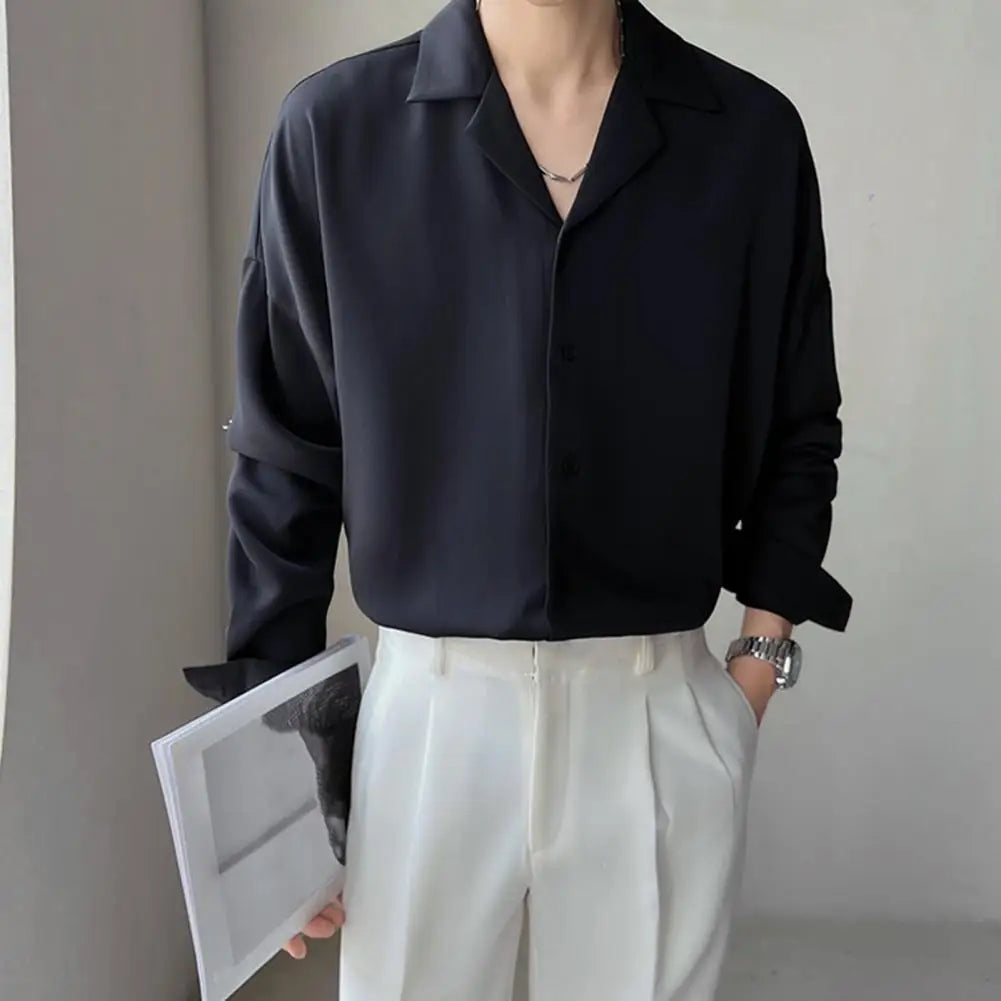 Men’s Solid Color Cuban Neck Loose Long Sleeve Shirt