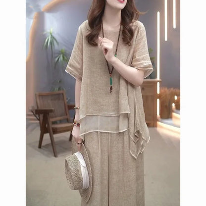 Spring Summer Women’s Set Elegant Round Neck Print Loose Pants