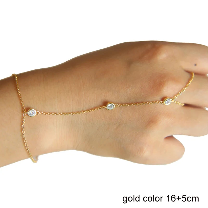 sterling silver gold color charm chain bracelet with ring fashion wrist jewelry for women