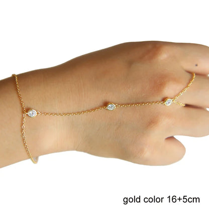 sterling silver gold color charm chain bracelet with ring fashion wrist jewelry for women