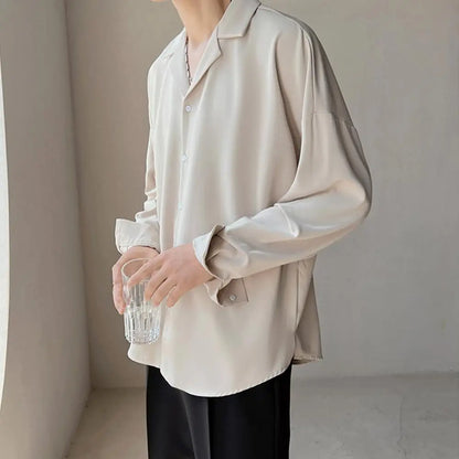 Men’s Solid Color Cuban Neck Loose Long Sleeve Shirt