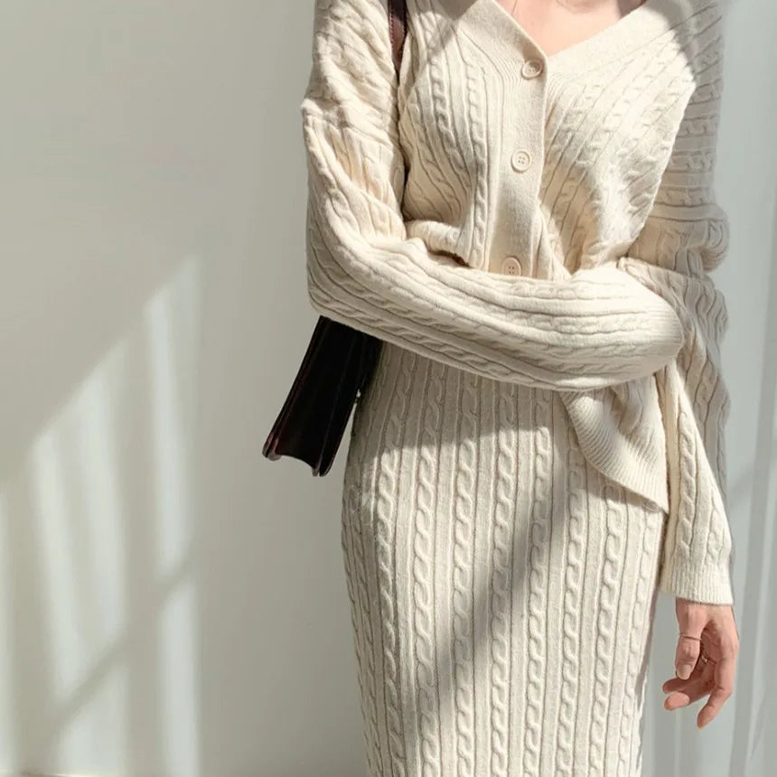 Women's Full Sleeve V-Neck Cardigan & Knit Skirt Set