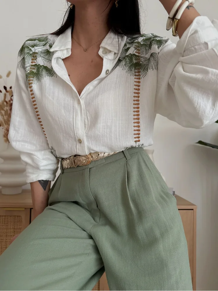 Casual Green Print Set Blouse & Wide-Leg Drawstring Pants