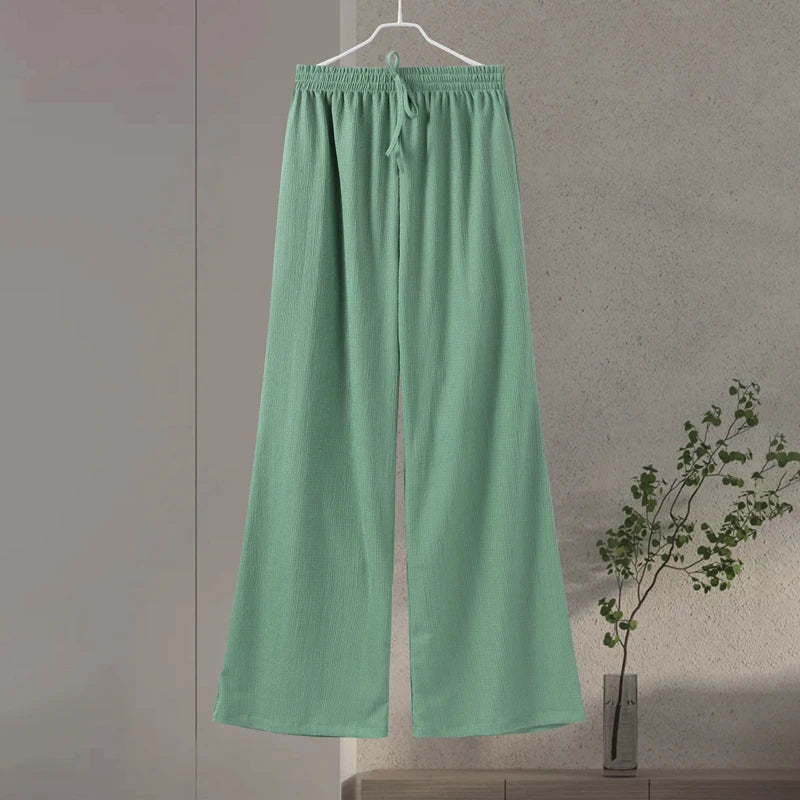 Casual Green Print Set Blouse & Wide-Leg Drawstring Pants