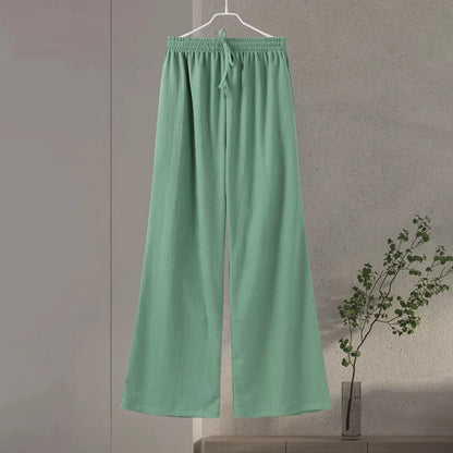 Casual Green Print Set Blouse & Wide-Leg Drawstring Pants