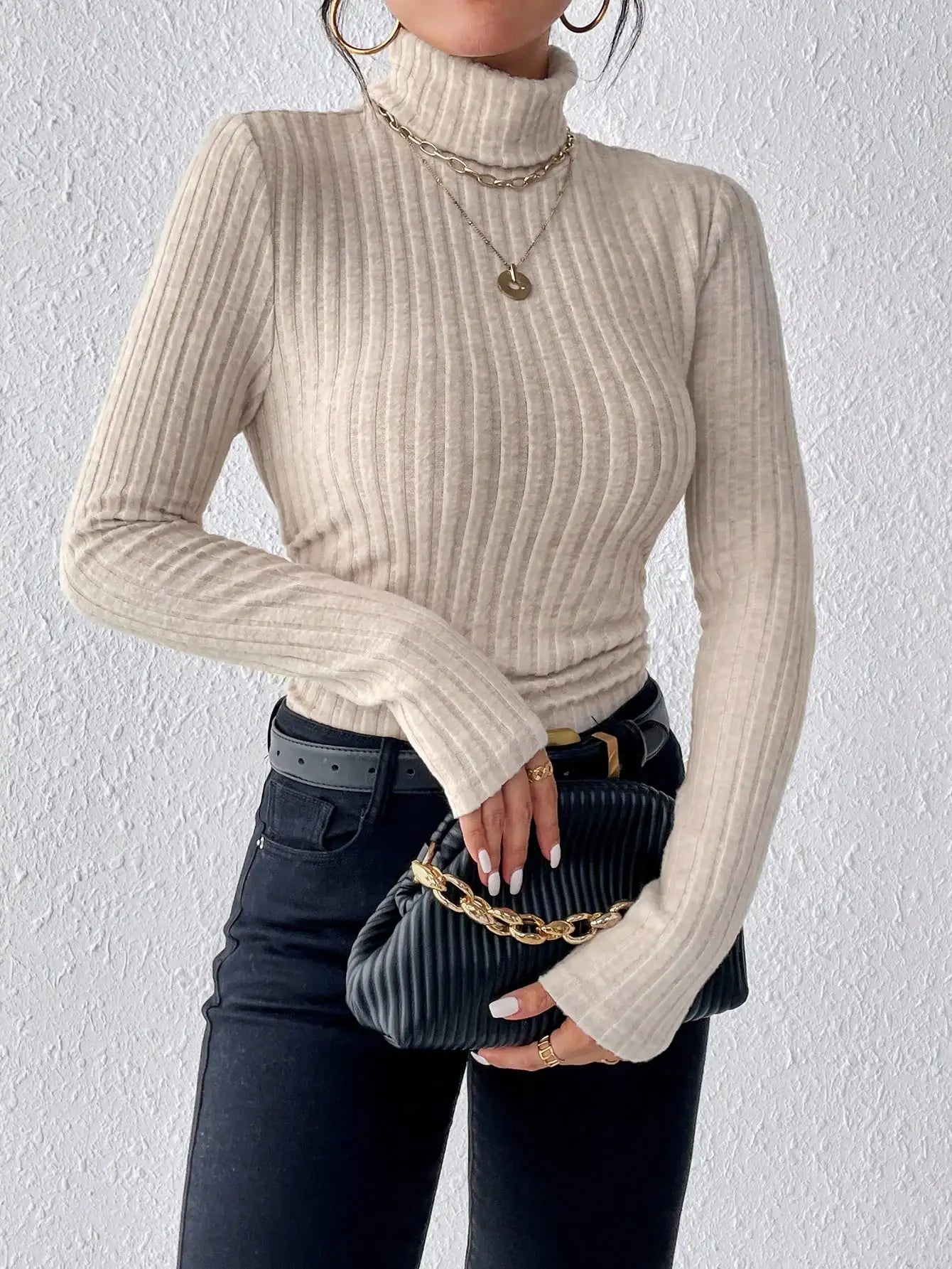 Autumn Winter Slim Fit High Neck Knit Top - Textured Stripe